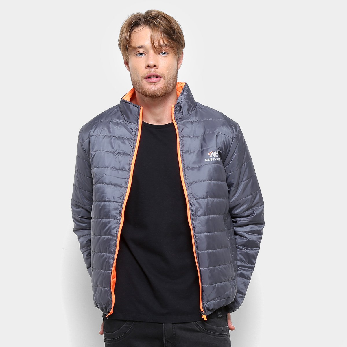 Jaqueta Puffer Ninety Eight Nylon Masculina - Cinza+Laranja Menor preço em Jaqueta Puffer Ninety Eight Nylon Masculina - Cinza+Laranja