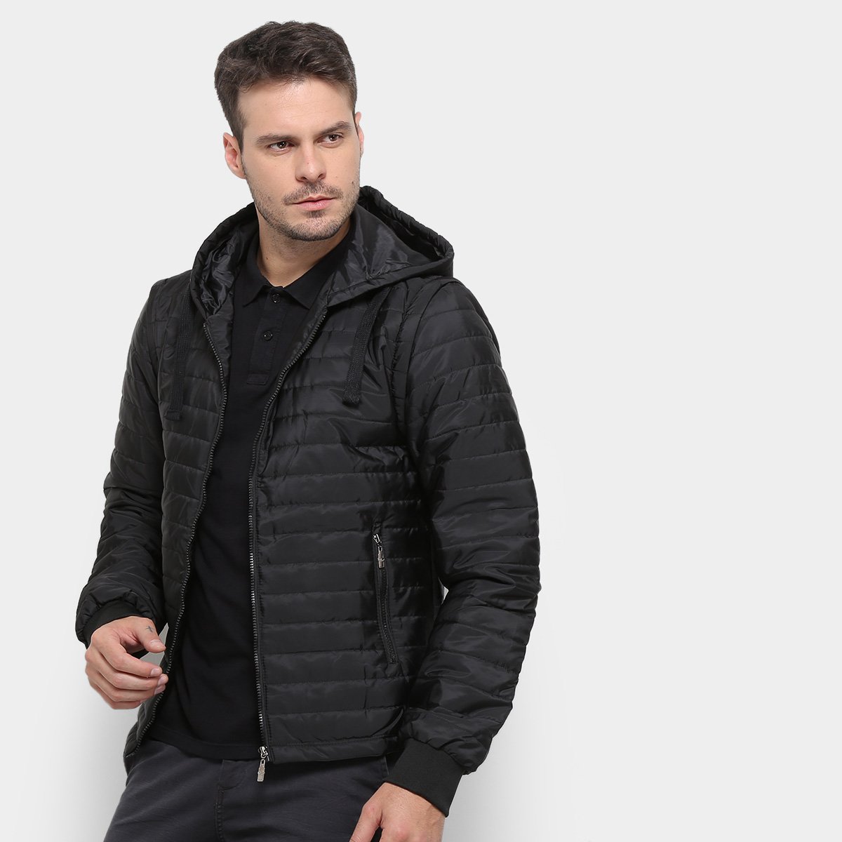 Jaqueta Puffer Rock & Soda Manga Removível Masculina - Preto Menor preço em Jaqueta Puffer Rock & Soda Manga Removível Masculina - Preto