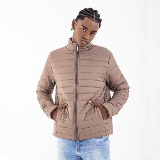 Jaqueta Puffer RockeSoda Masculina Zíper Dia a Dia Moderna - Marrom Claro