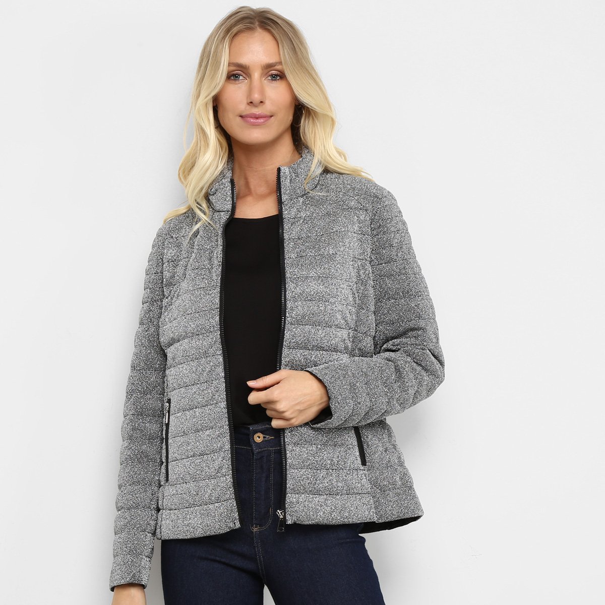 Jaqueta Puffer SeV Com Brilho Nylon Feminina - Cinza Menor preço em Jaqueta Puffer SeV Com Brilho Nylon Feminina - Cinza