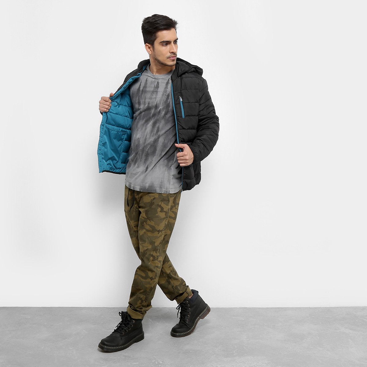 jaqueta puffer treebo básica capuz masculina