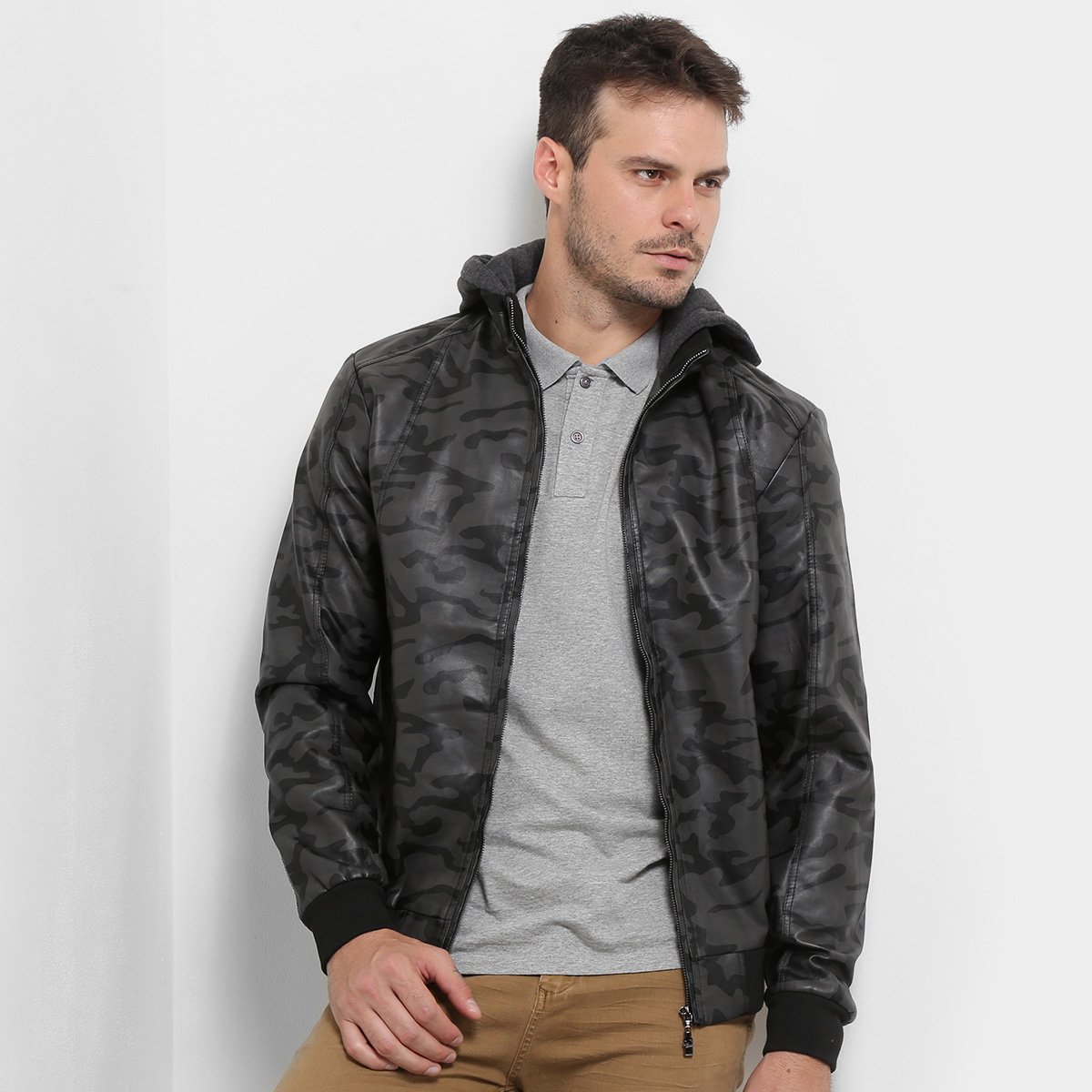 Jaqueta Rock & Soda PU Capuz Masculina - Chumbo Menor preço em Jaqueta Rock & Soda PU Capuz Masculina - Chumbo