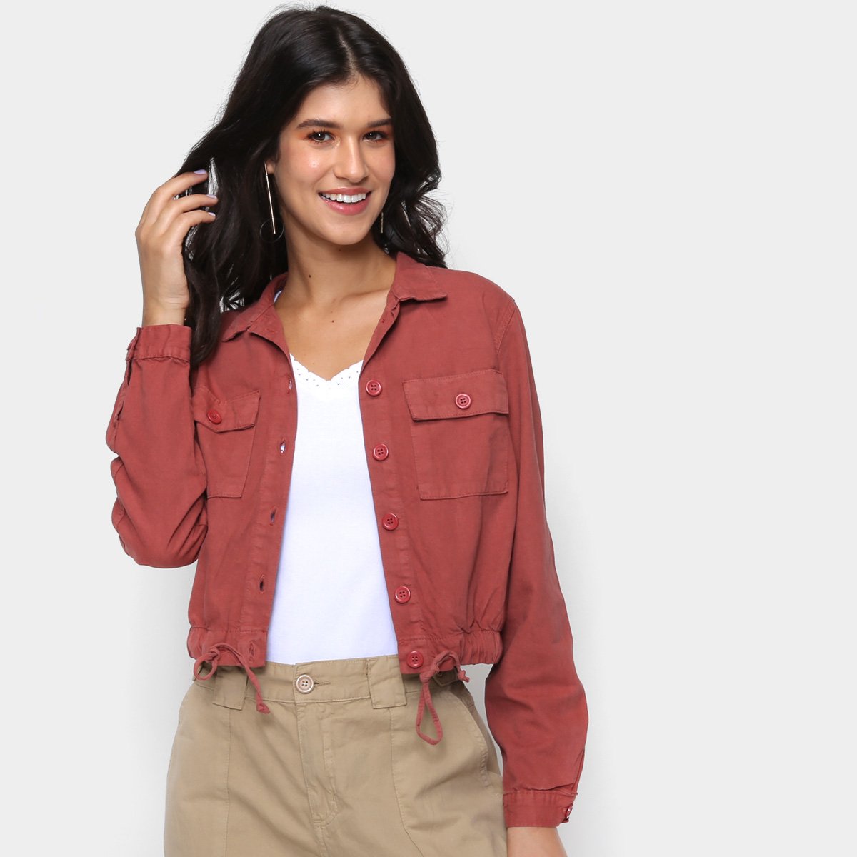 Jaqueta Sarja Cambos Amarração Feminina - Rosa Menor preço em Jaqueta Sarja Cambos Amarração Feminina - Rosa