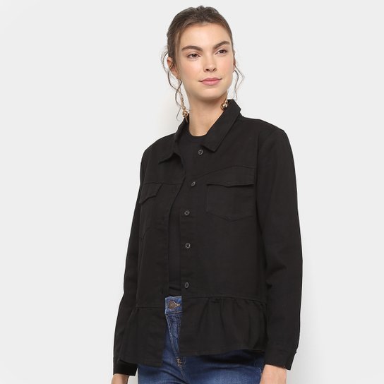Jaqueta Sarja Lily Fashion Botões Babados Feminina - Preto