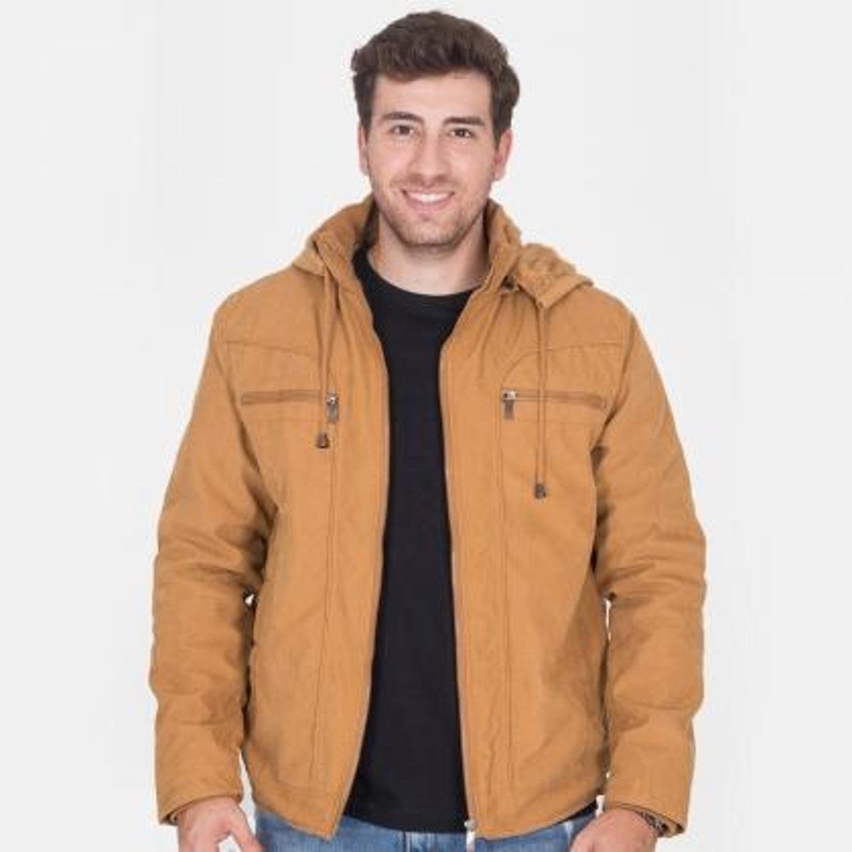 Jaqueta Sarja Peluciada Masculina Com Bolsos Capuz Removível - Marrom+Preto Menor preço em Jaqueta Sarja Peluciada Masculina Com Bolsos Capuz Removível - Marrom+Preto