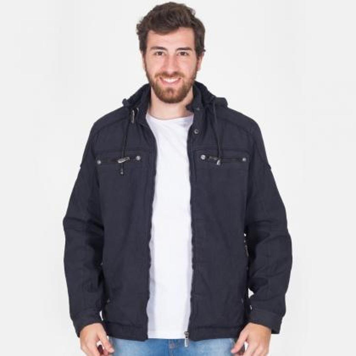 Jaqueta Sarja Peluciada Masculina Com Bolsos Capuz Removível - Preto+Grafite Menor preço em Jaqueta Sarja Peluciada Masculina Com Bolsos Capuz Removível - Preto+Grafite