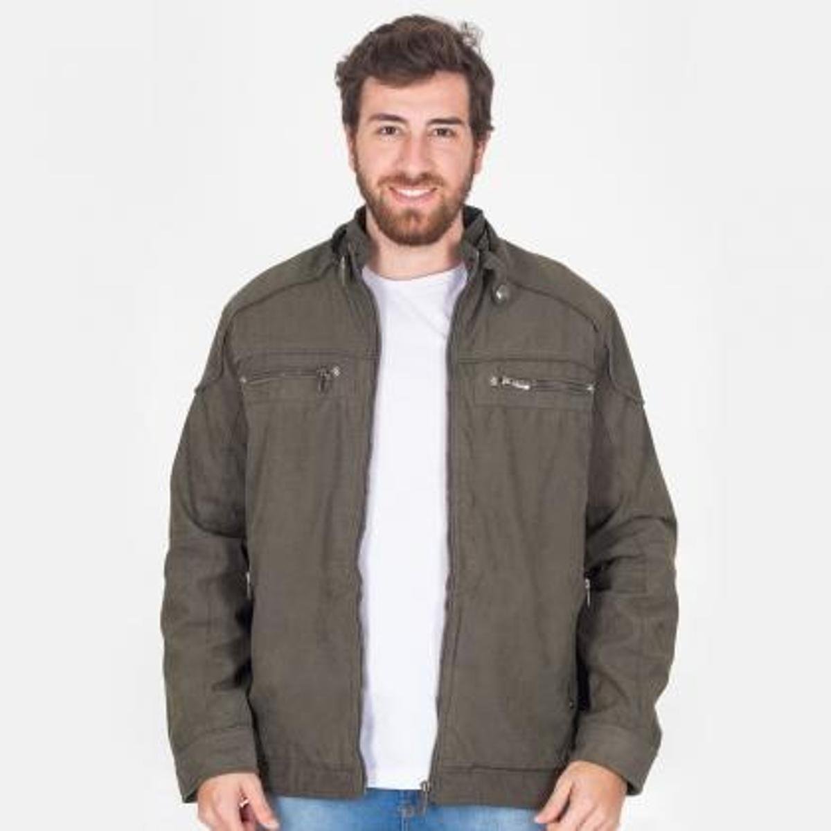 Jaqueta Sarja Peluciada Masculina Com Bolsos Capuz Removível - Verde Militar Menor preço em Jaqueta Sarja Peluciada Masculina Com Bolsos Capuz Removível - Verde Militar