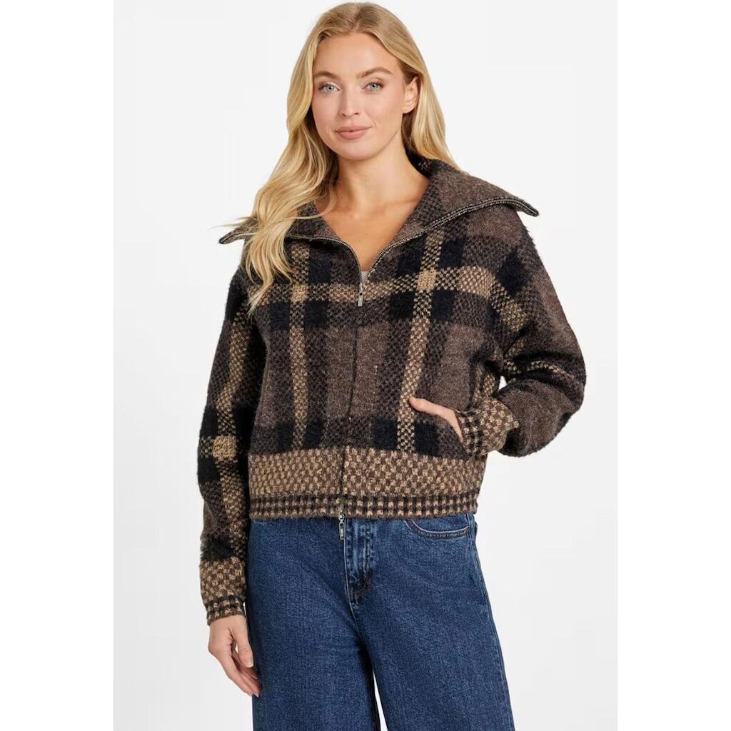 Jaqueta Tricot Ziper Xadrez Marrom