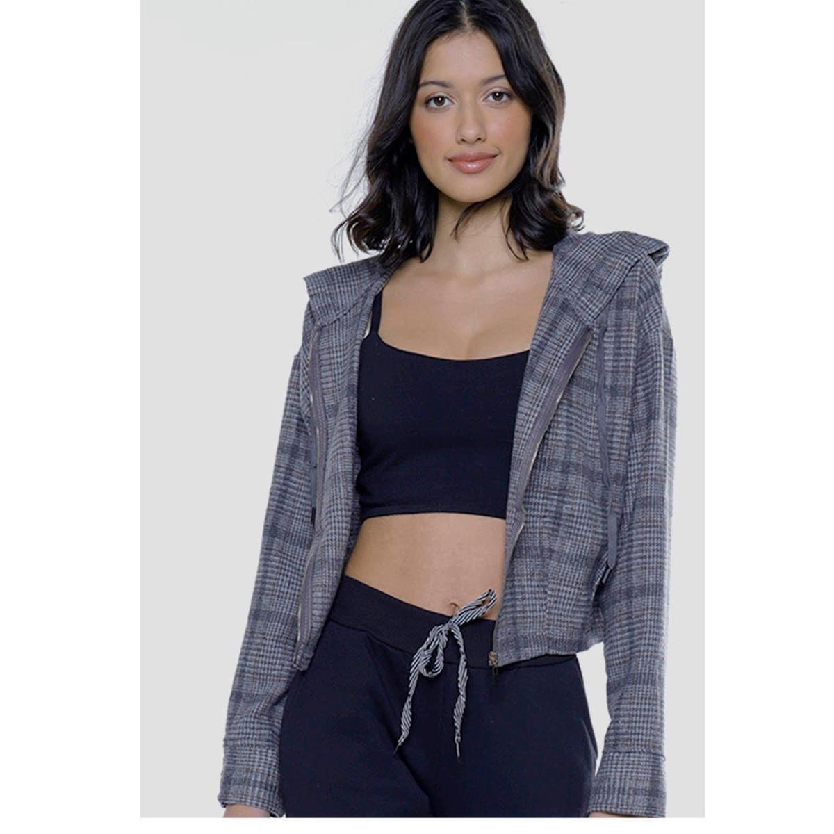 Jaqueta Xadrez Cropped Flanelada Under79 Com Capuz Feminina - Cinza Menor preço em Jaqueta Xadrez Cropped Flanelada Under79 Com Capuz Feminina - Cinza