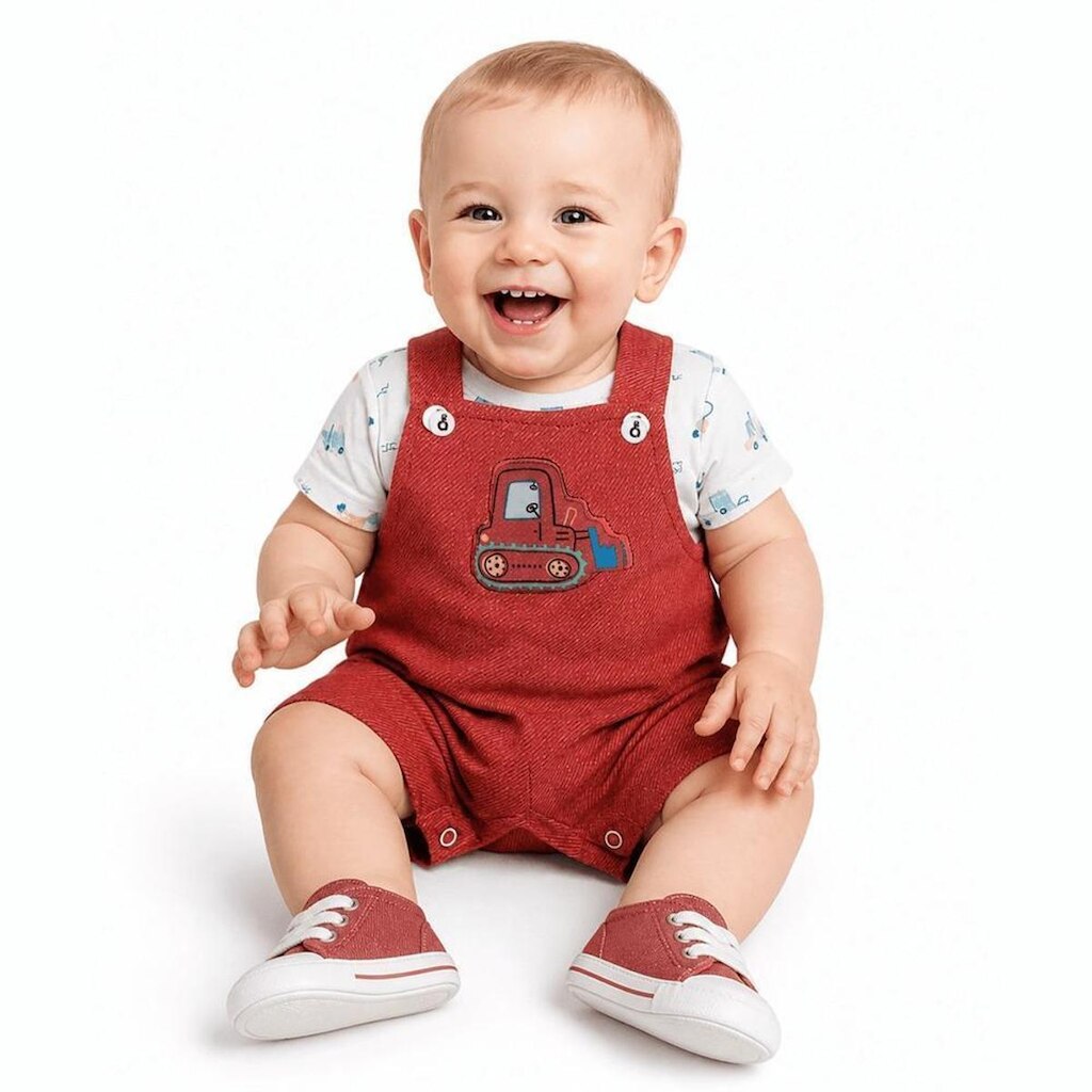 Jardineira Bebê Menino Caminhões Alphabeto Vermelho