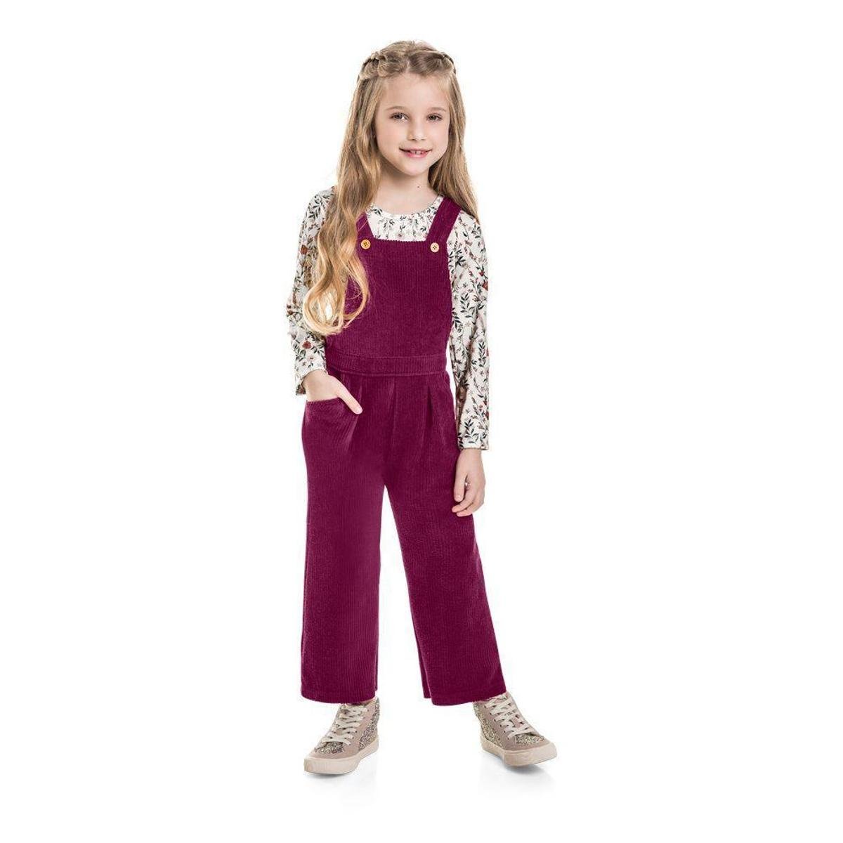 Jardineira E Blusa Mundi Com Estampa De Flores Infantil - Roxo+Branco Menor preço em Jardineira E Blusa Mundi Com Estampa De Flores Infantil - Roxo+Branco