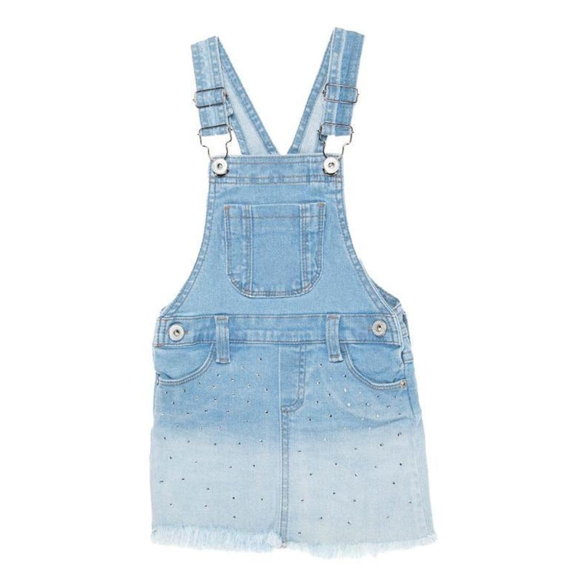 Jardineira Jeans Stretch Estonado Infantil Menina, Strass - Mania Kids - Azul Claro Menor preço em Jardineira Jeans Stretch Estonado Infantil Menina, Strass - Mania Kids - Azul Claro