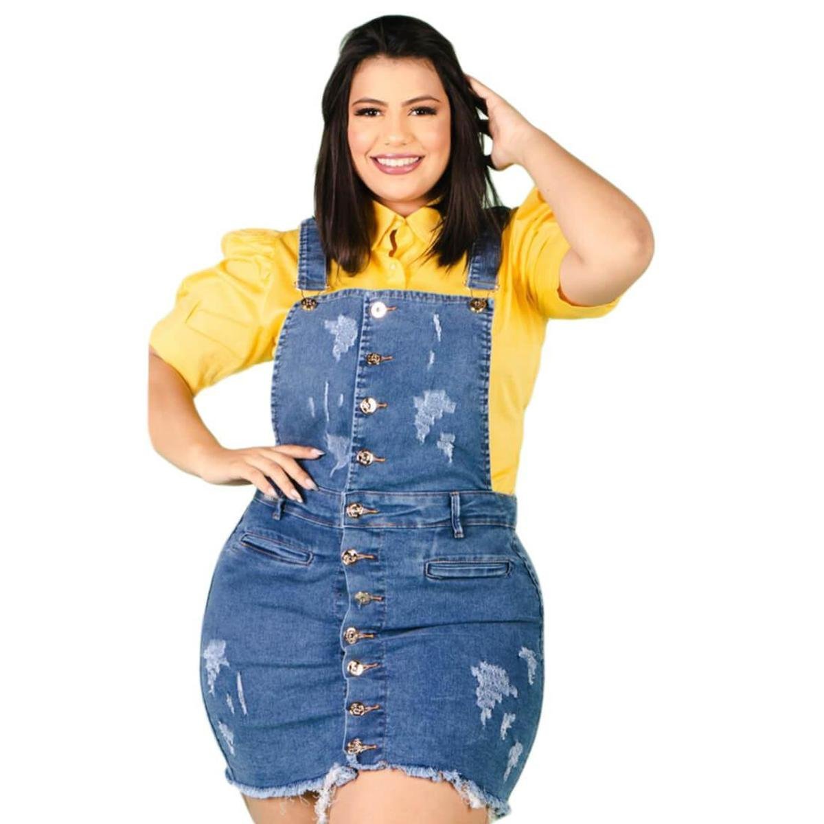 Jardineira Plus Size Feminina Com Botões - Azul Claro Menor preço em Jardineira Plus Size Feminina Com Botões - Azul Claro