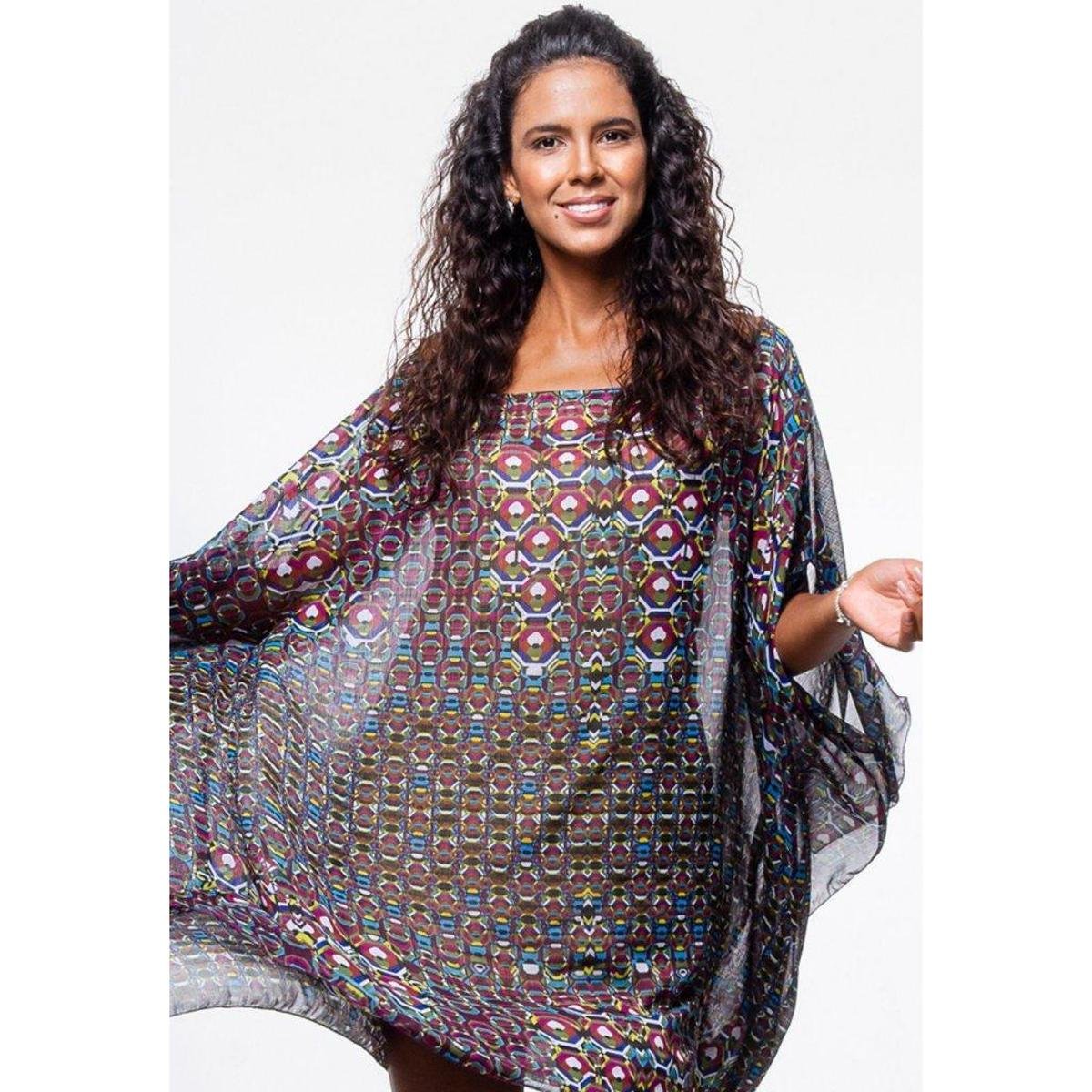 KAFTAN Vestido Amplo - 101 RESORT WEAR - Crepe Estampado - Roxo Menor preço em KAFTAN Vestido Amplo - 101 RESORT WEAR - Crepe Estampado - Roxo