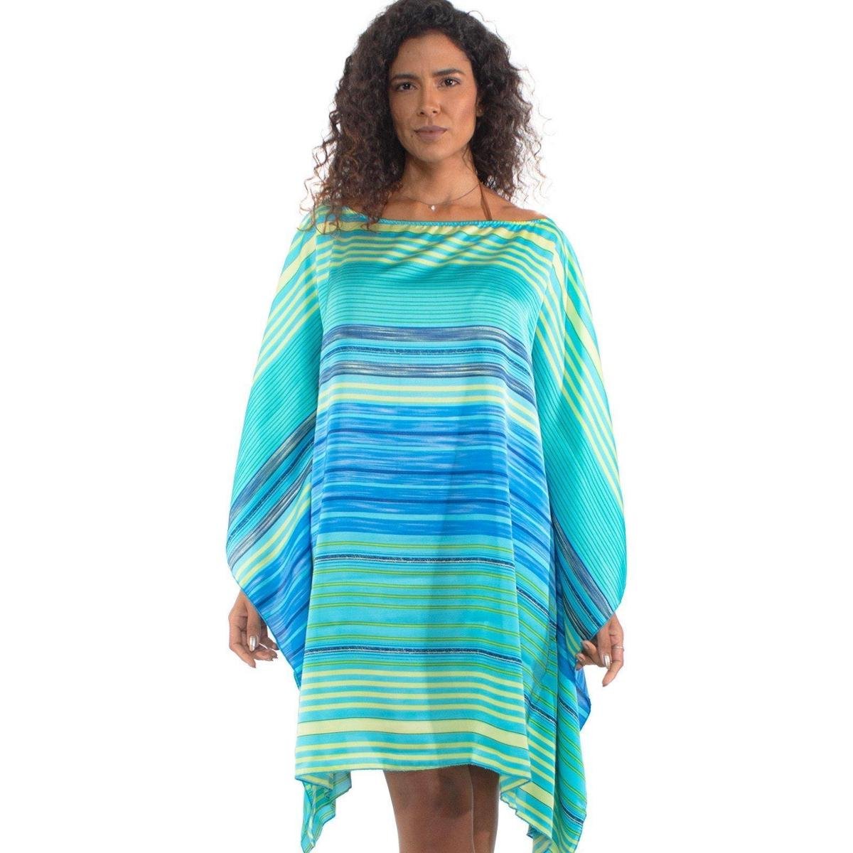 KAFTAN Vestido Amplo - 101 RESORT WEAR - Estampado Acetinado - Branco+Azul Turquesa Menor preço em KAFTAN Vestido Amplo - 101 RESORT WEAR - Estampado Acetinado - Branco+Azul Turquesa