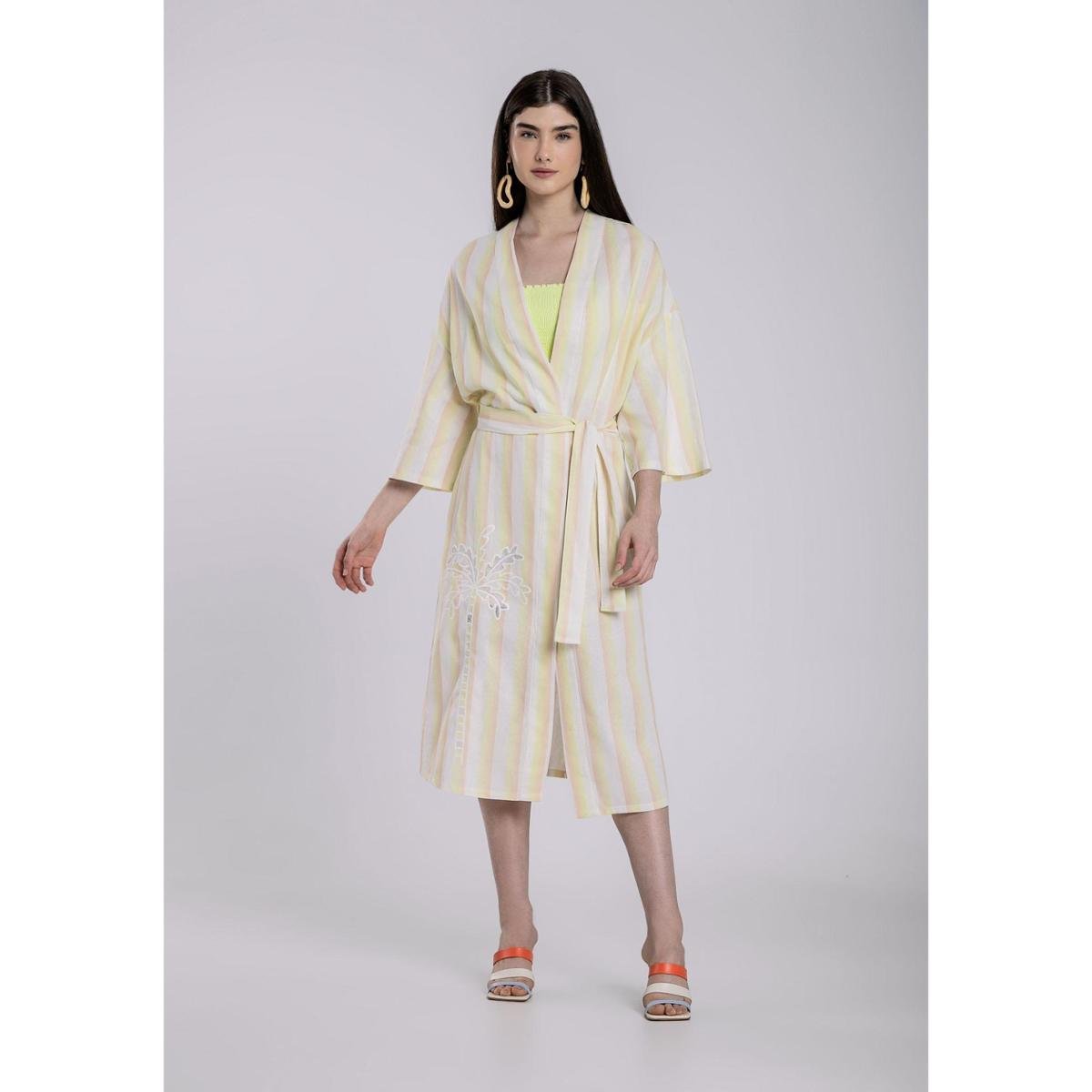 Kimono Alongado em Linho com Bordado Zattini