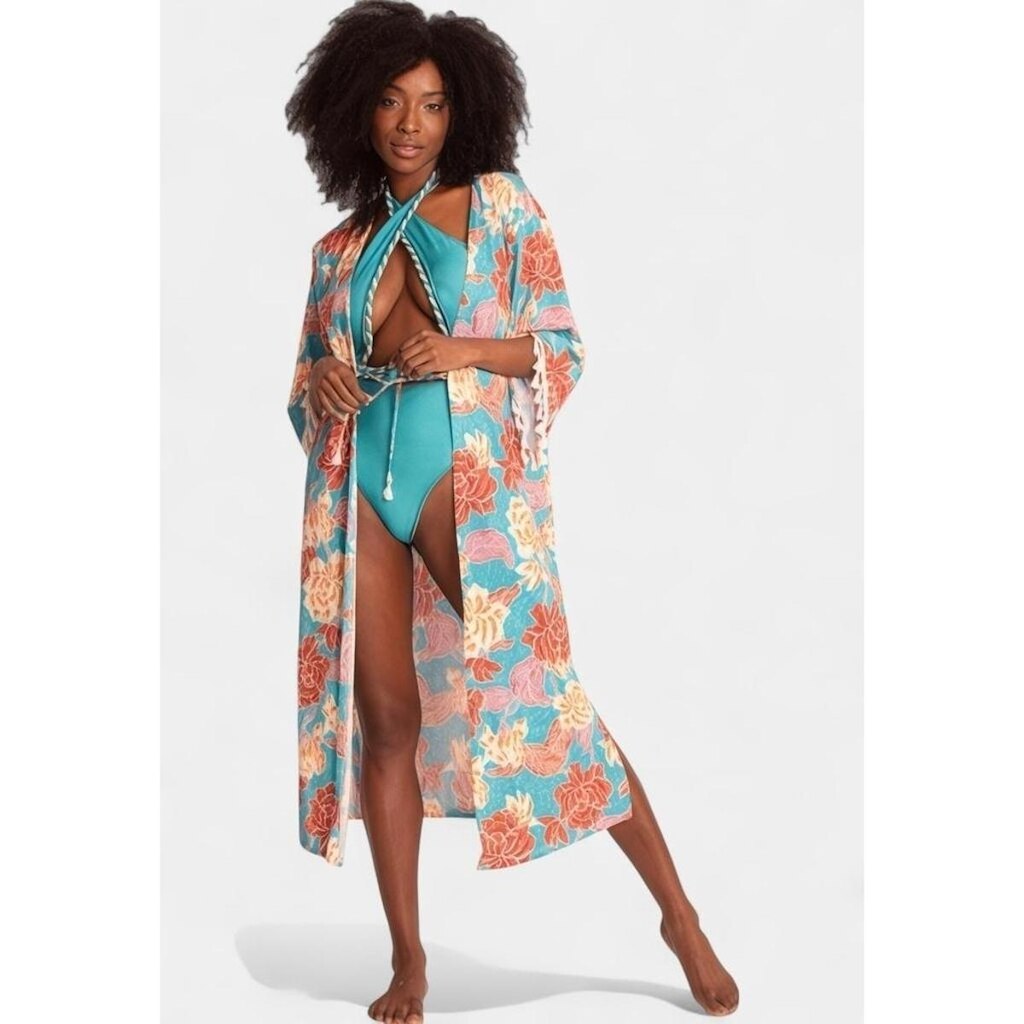 Kimono Areia Branca Solaris Floral Azul