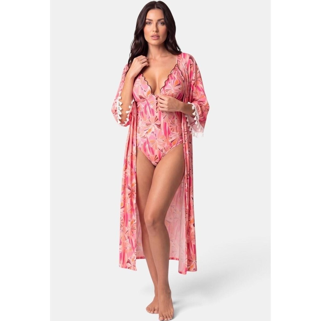 Kimono Areia Branca Solaris Floral Rosa