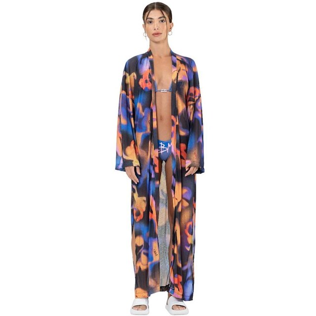 Kimono Labellamafia Malha Beachwear Azul Estampado Feminino