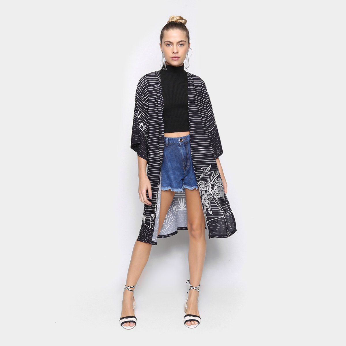 Kimono Mercatto Listras Feminino - Preto Menor preço em Kimono Mercatto Listras Feminino - Preto