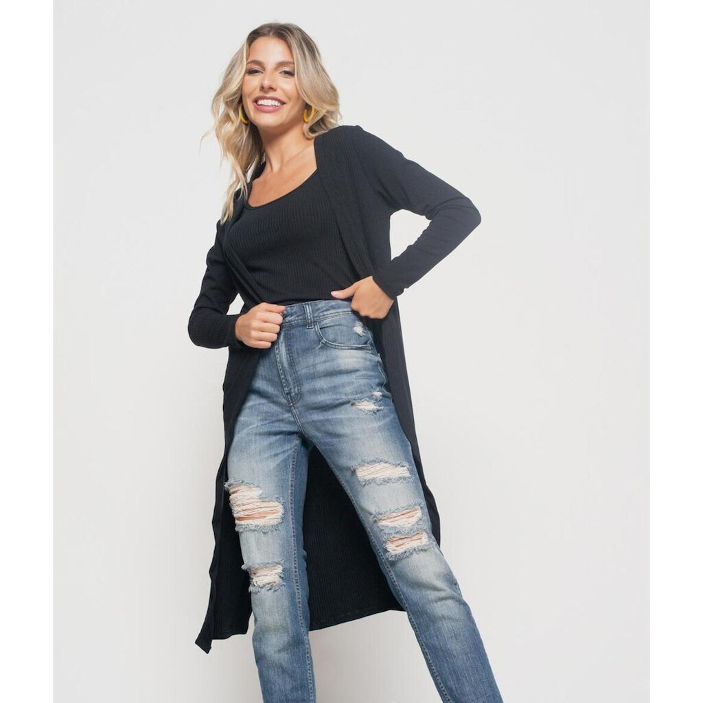 Kimono Salvatore Fashion Alongado Manga Longa Canelado Feminino
