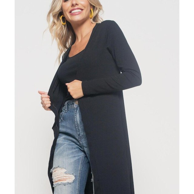 Kimono Salvatore Fashion Alongado Manga Longa Canelado Feminino