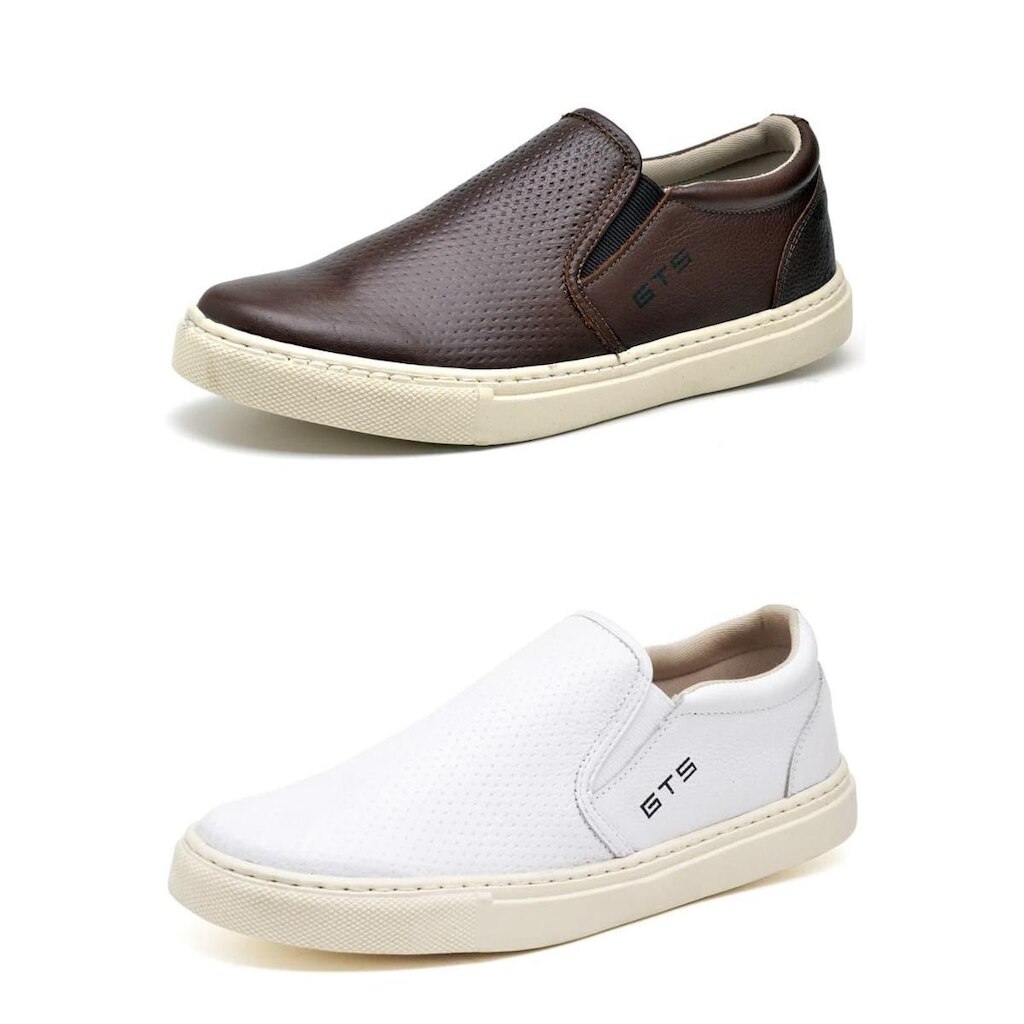 Kit 02 Pares Slip On Casual Masculino de Couro Leve Macio CSF Franca NS Maritimo