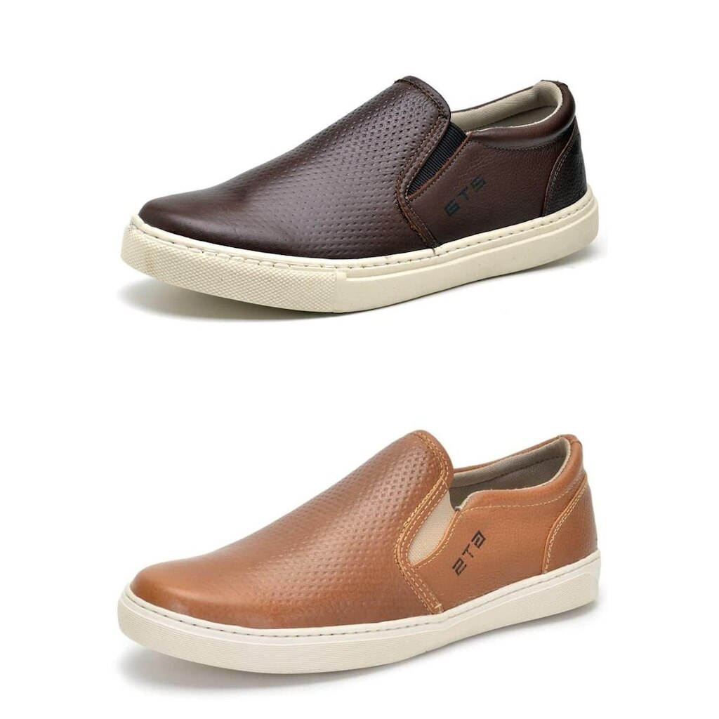 Kit 02 Pares Slip On Casual Masculino de Couro Leve Macio CSF Franca NS Maritimo