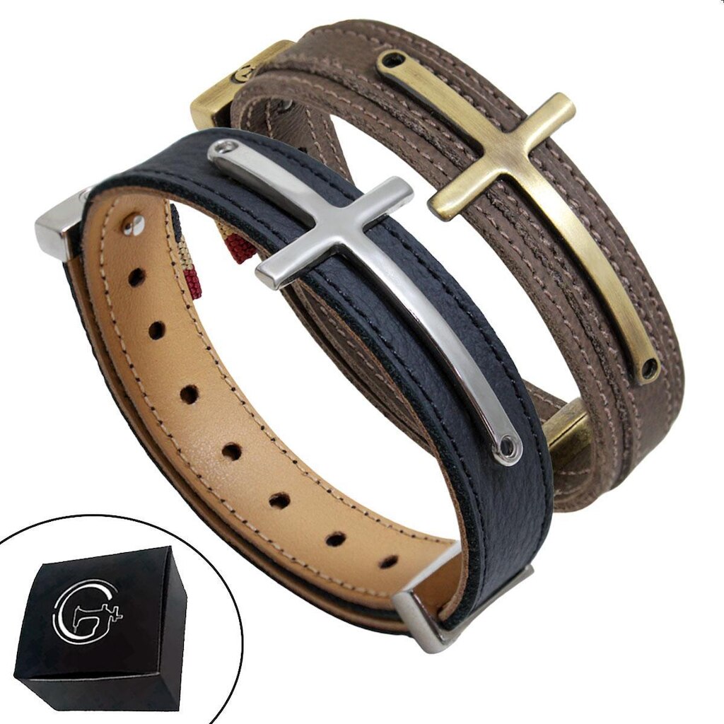 Kit 02 Pulseiras Cruz Bracelete Crucifixo Inox Couro Legítimo - NE