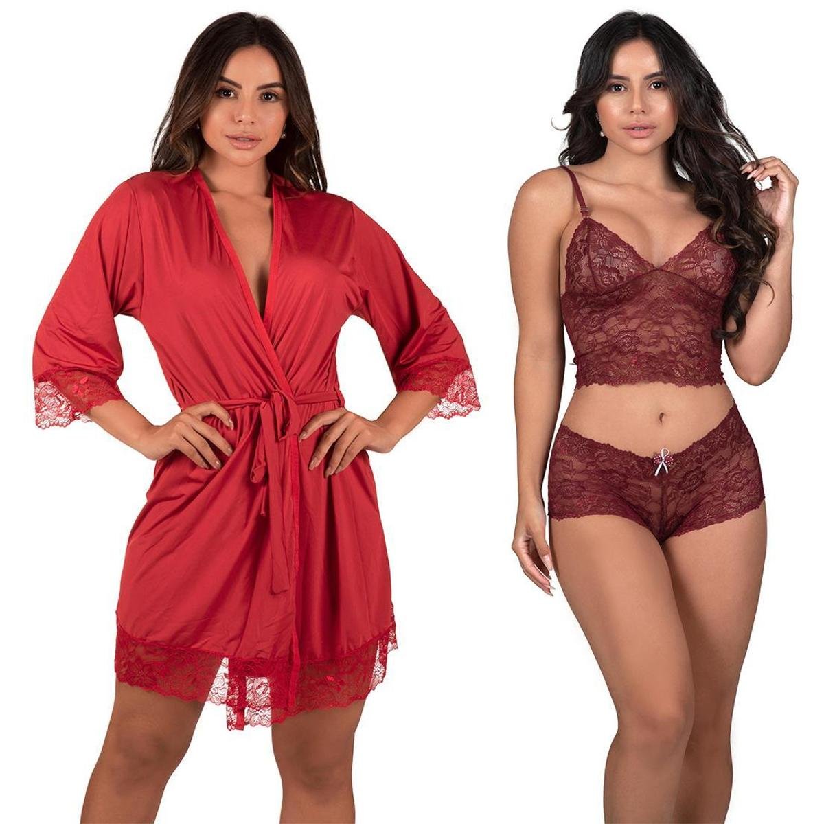 Kit 02pçs Robe Feminino em Microfibra Vermelho e Conjunto de Calcinha e Sutiã Sem Bojo Vinho - Vermelho+Vinho Menor preço em Kit 02pçs Robe Feminino em Microfibra Vermelho e Conjunto de Calcinha e Sutiã Sem Bojo Vinho - Vermelho+Vinho