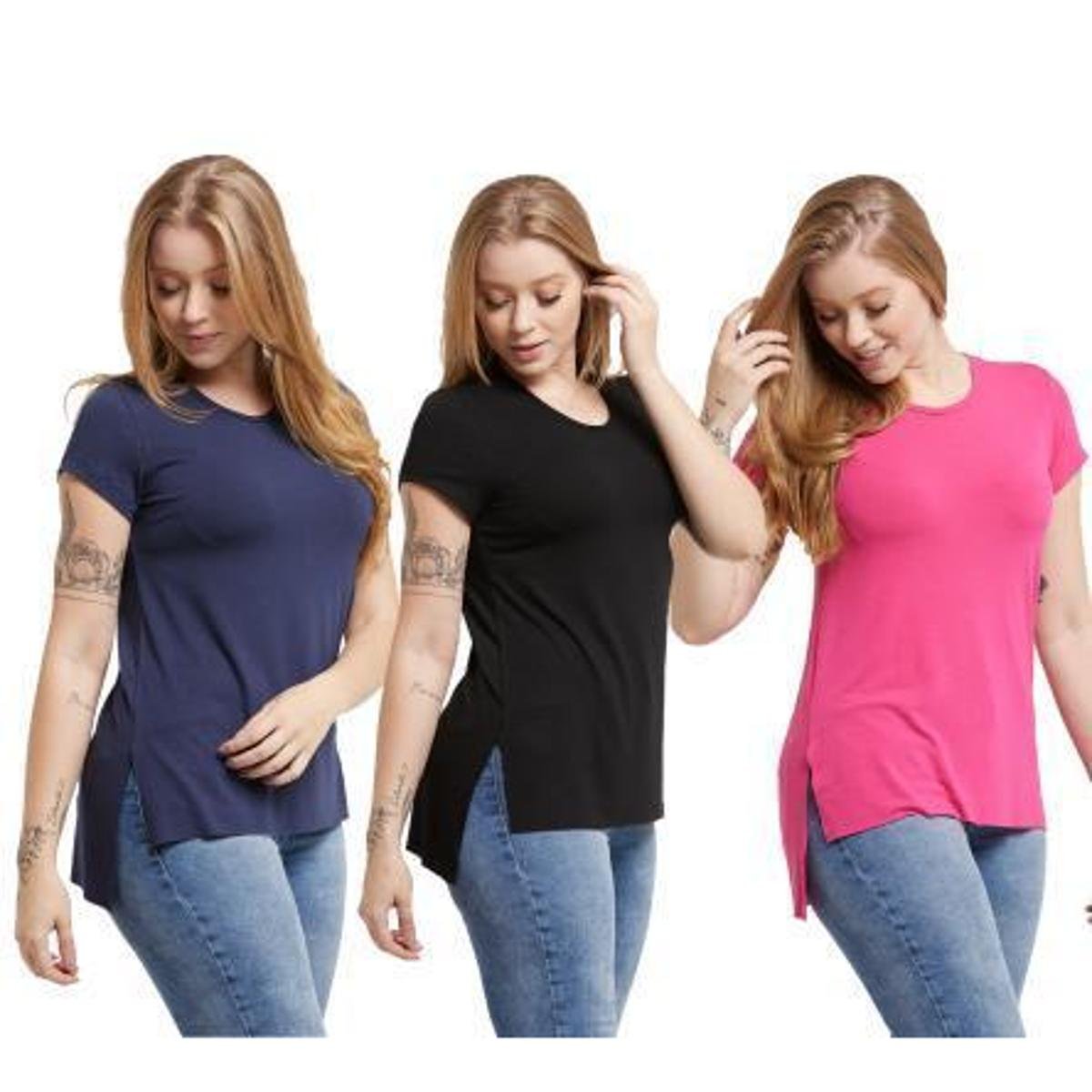 Kit 03 Blusas Plus Size Feminina T-Shirt Tapa Bumbum Mulet Vest Legg C8 Menor preço em Kit 03 Blusas Plus Size Feminina T-Shirt Tapa Bumbum Mulet Vest Legg C8