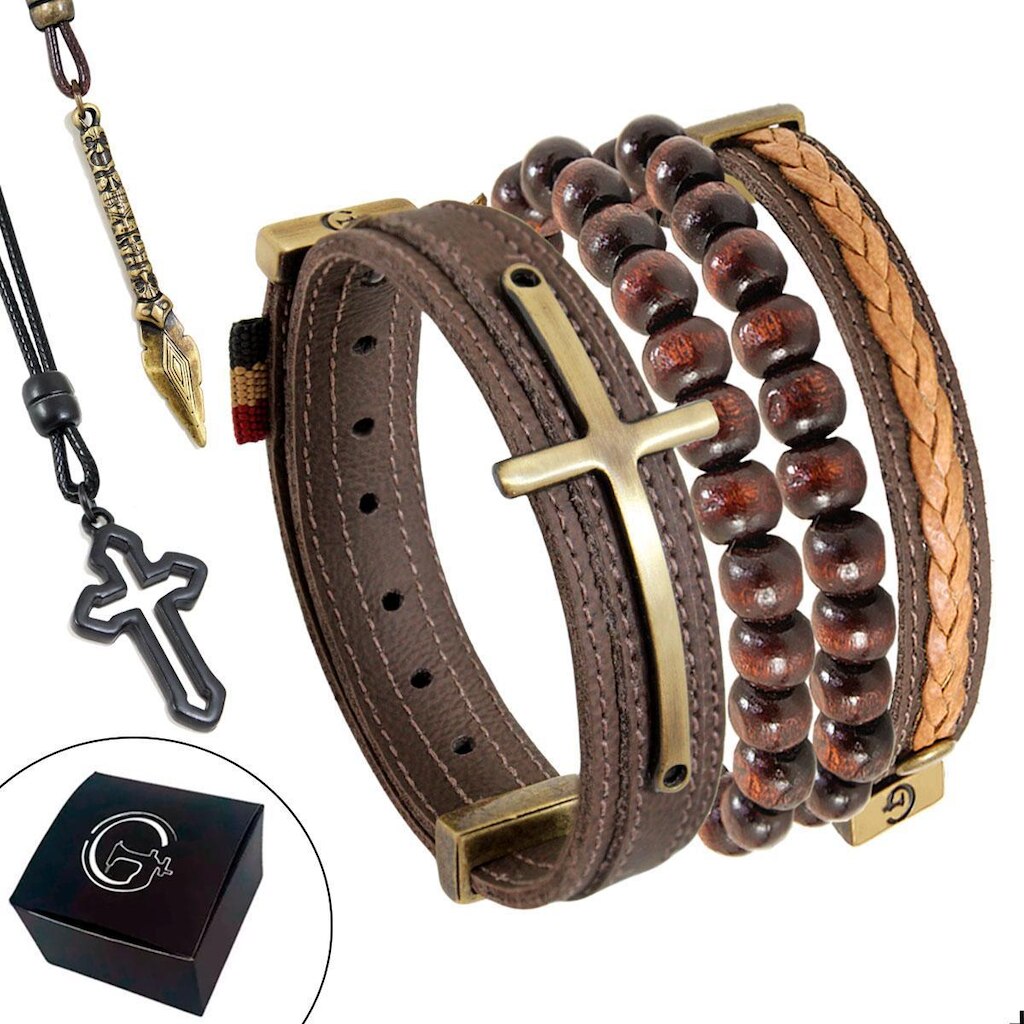 Kit 06 Pulseiras Cruz Bracelete Couro Colares Crucifixo Lança - NE