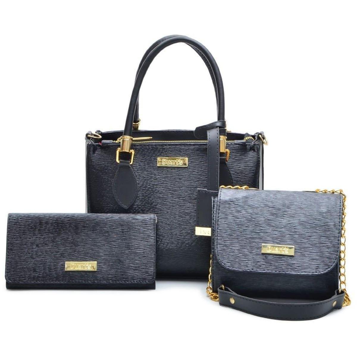 Kit 1 Bolsa Duart's Quadrada + 1 Bolsa Baú + 1 Carteira Feminina - Preto Menor preço em Kit 1 Bolsa Duart's Quadrada + 1 Bolsa Baú + 1 Carteira Feminina - Preto