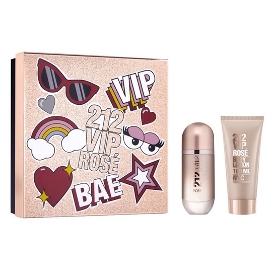 Kit 1 Perfume Feminino Carolina Herrera 212 Vip Rosé Eau de Parfum 80ml + 1 Loção Corporal 80ml - Incolor