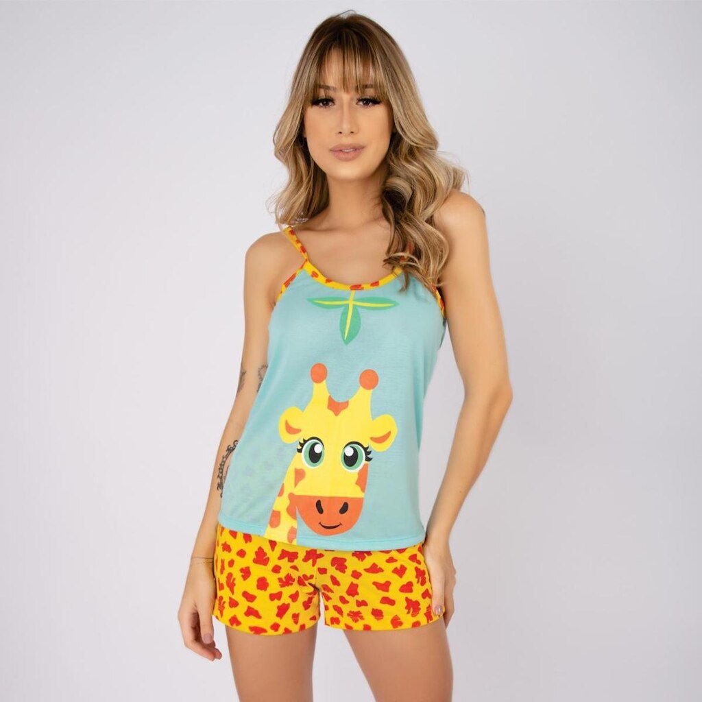 Kit 10 Baby Doll Malha Alcinha Estampa Girafa e Shortinho Curto