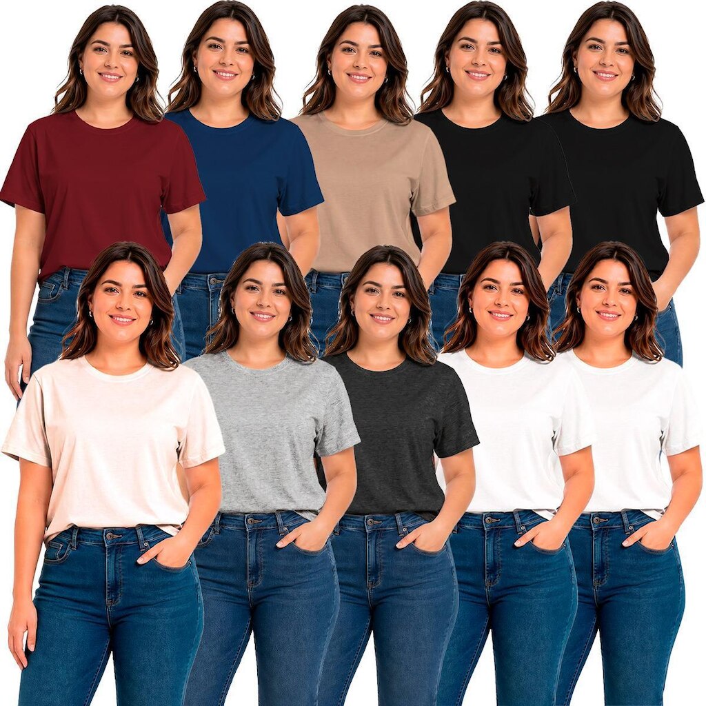 Kit 10 Camisetas Feminina Lisa Premium 100% Algodão Manga Curta Básica Blusa T-Shirt Casual