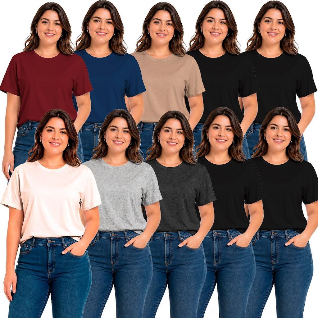 Kit 10 Camisetas Feminina Lisa Premium 100% Algodão Manga Curta Básica Blusa T-Shirt Casual