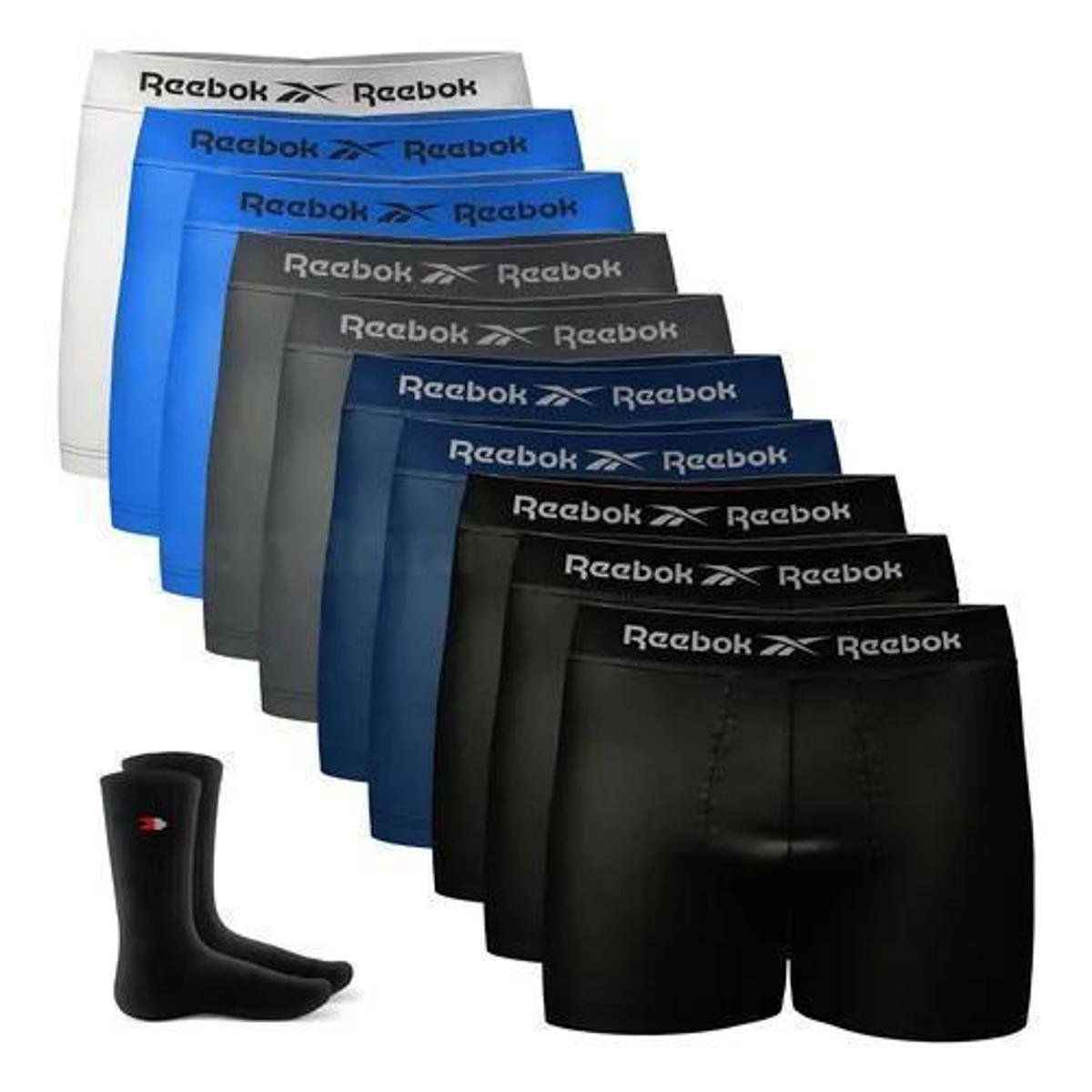 Kit 10 Cueca Boxer Reebok Sem Costura Box e 1 Par de Meias Sandrini Menor preço em Kit 10 Cueca Boxer Reebok Sem Costura Box e 1 Par de Meias Sandrini