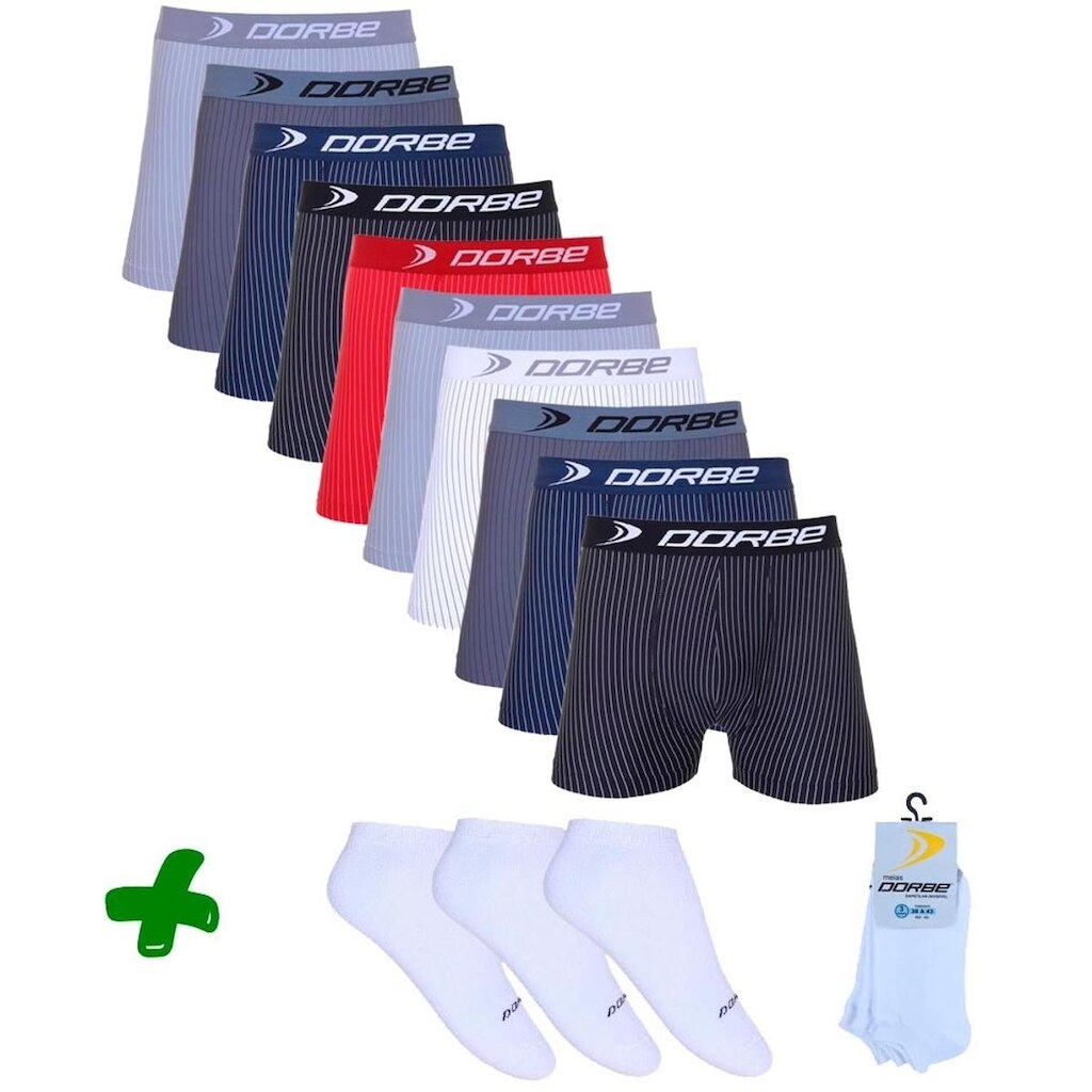 Kit 10 Cuecas Boxer Microfibra Risca de Giz + 3 Pares Meia Sapatilha