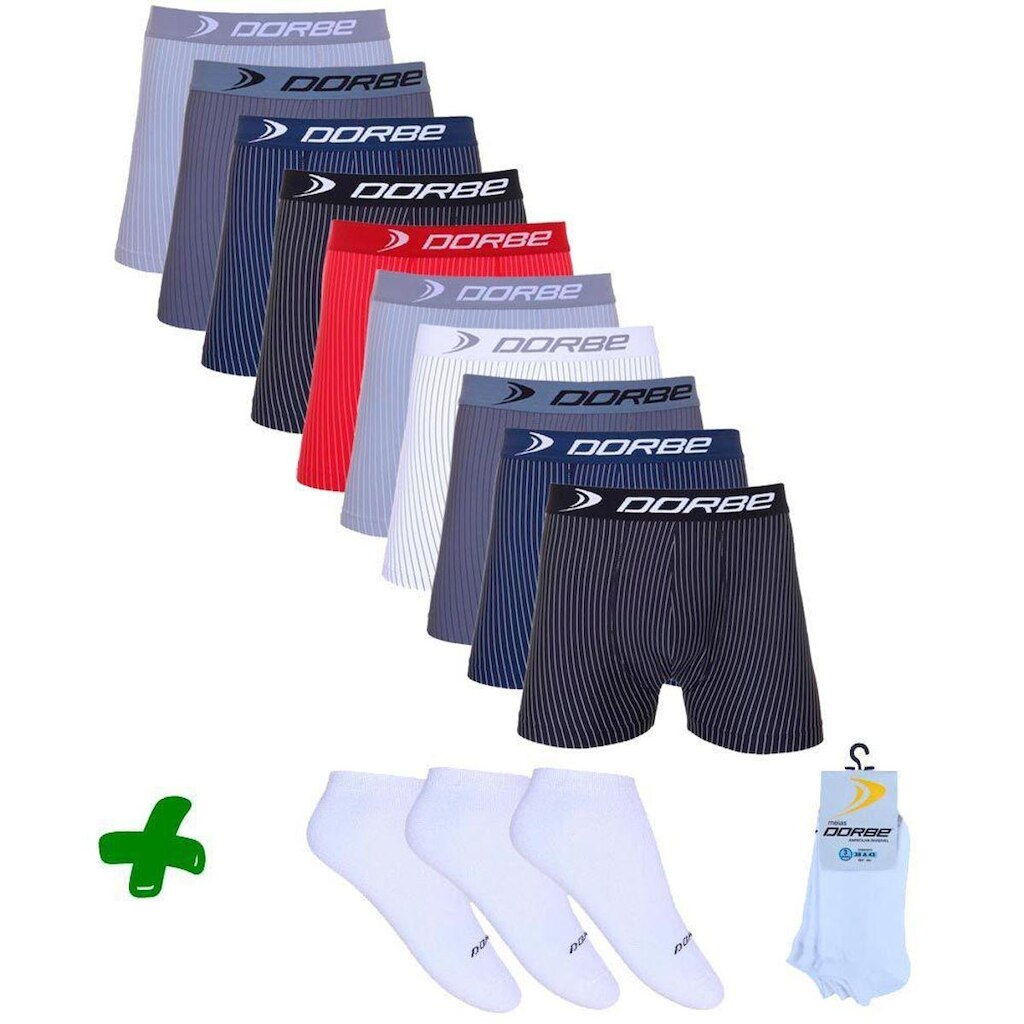 Kit 10 Cuecas Boxer Microfibra Risca de Giz + 3 Pares Meia Sapatilha