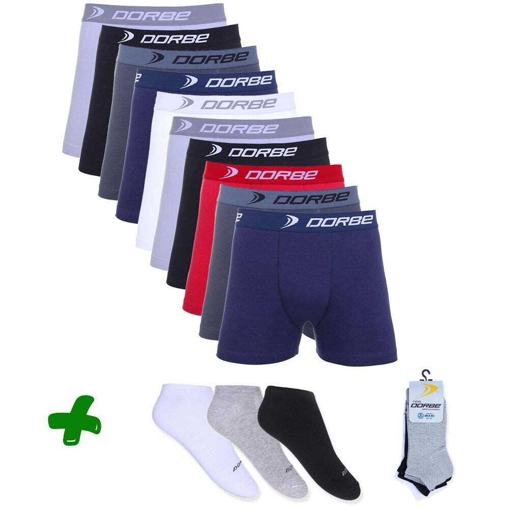 Kit 10 Cuecas Dorbe Boxer + 3 Pares de Meias Soquete