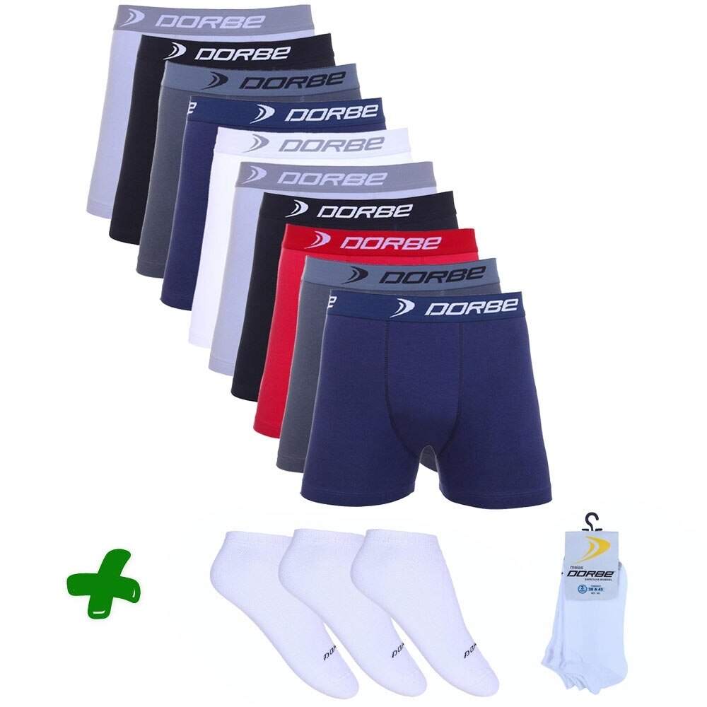 Kit 10 Cuecas Dorbe Boxer + 3 Pares de Meias Soquete