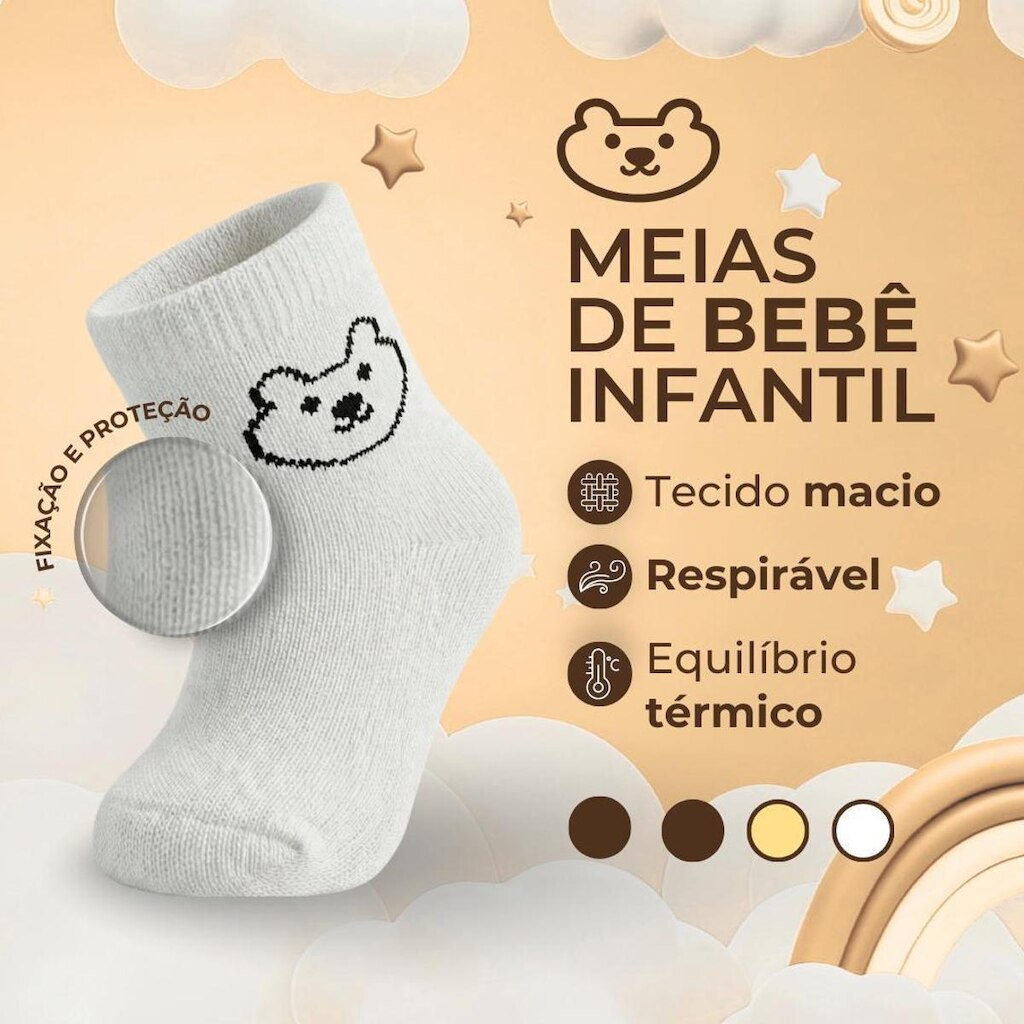Kit 10 Pares Meias Infantis Urso Bebê Bear Baby Criança Algodão Premium Fofo Confortável