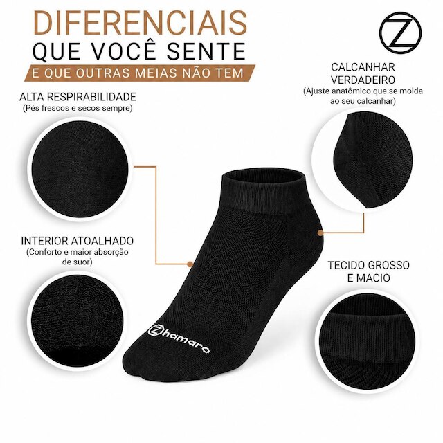 Kit 10 Pares Meias Zhamaro Cano Curto Soquete Baixo Algodão Atoalhada Masculina Feminina Confortável