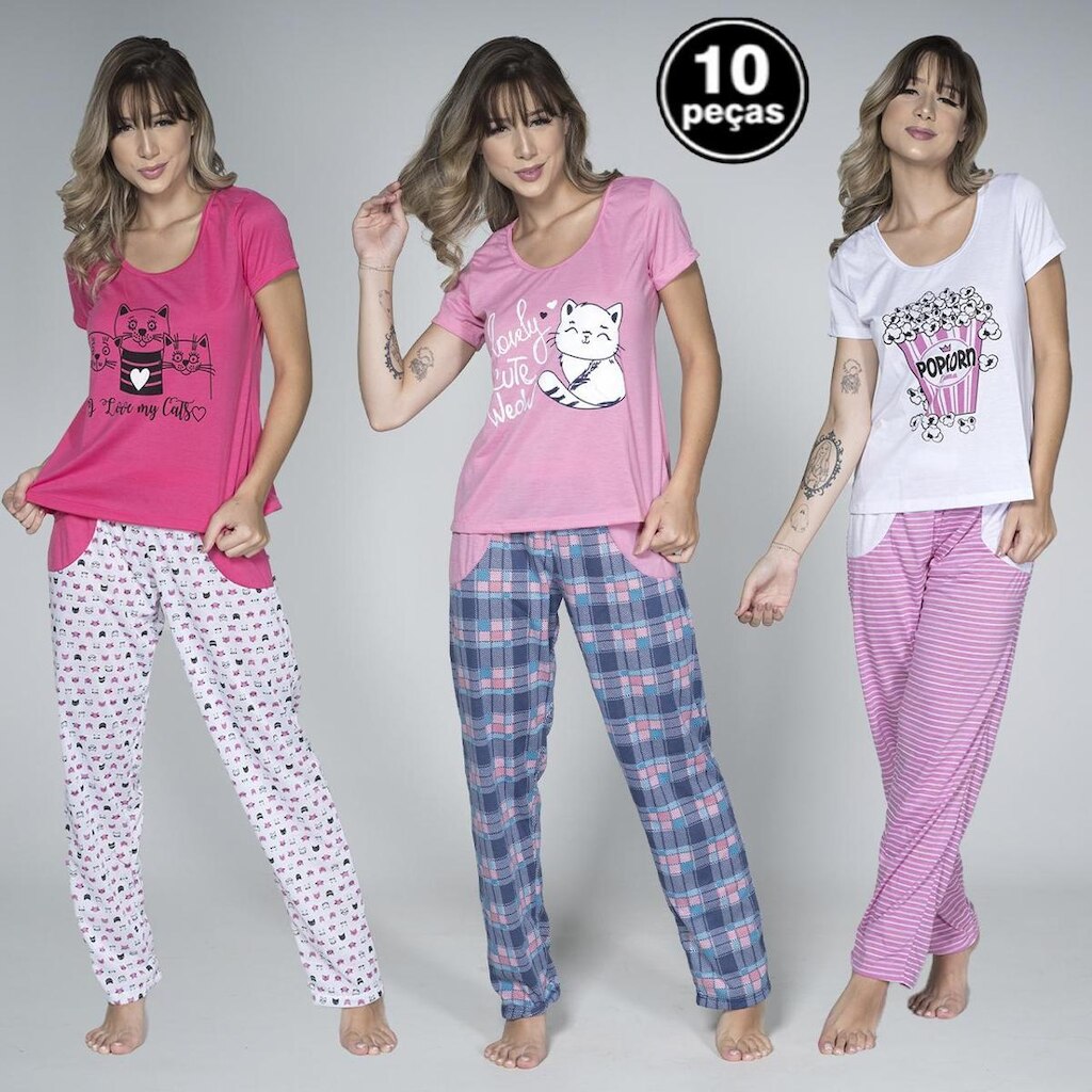 Kit 10 Pijamas Inverno Feminino Calça Longa e Manga Curta Estampado