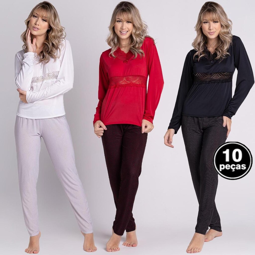 Kit 10 Pijamas Liganete Longo Detalhe Renda Calça e Blusa