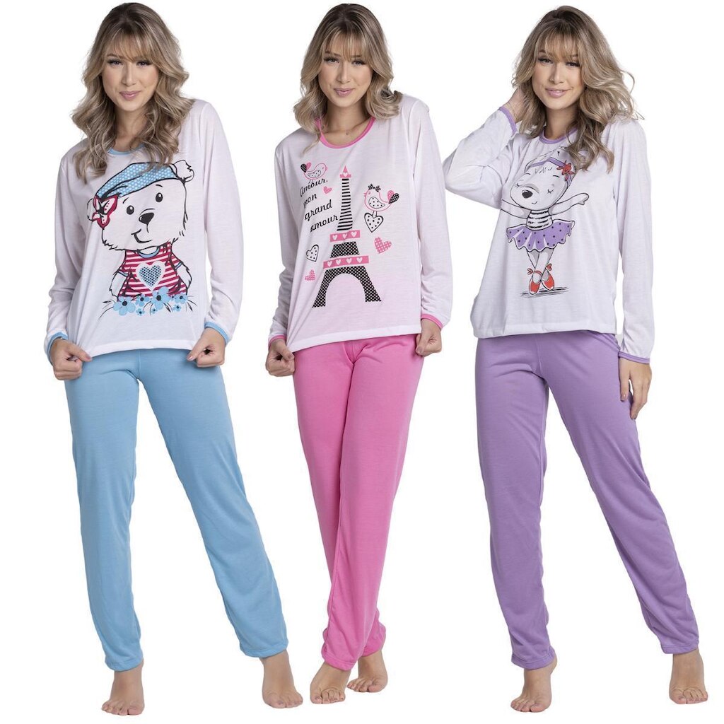 Kit 10 Pijamas Longo Malha Estampado Feminino Inverno Blusa e Calça