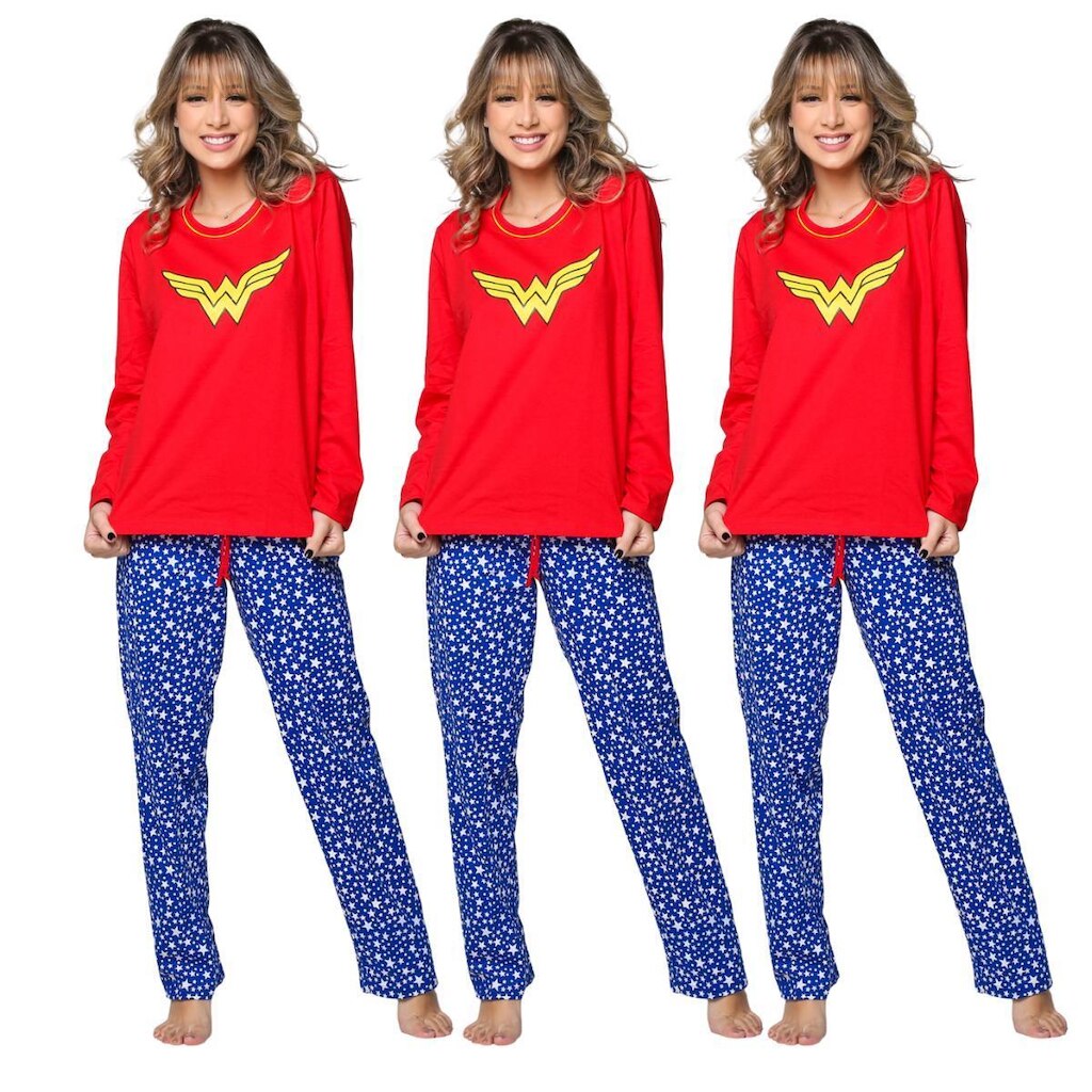Kit 10 Pijamas Manga Longa Estampa Mulher Maravilha Inverno
