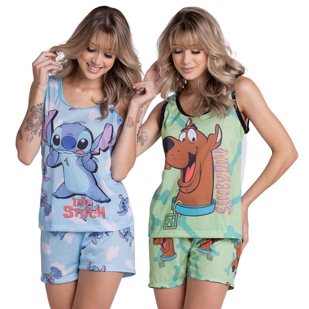Kit 10 Pijamas Sublimados Estampa Desenho Animado Regata e Short