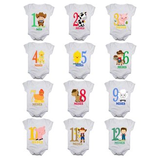 Kit 12 Body Bebê Calupa Mesversario Manga Curta Fazendinha 1 A 12 Meses Masculino